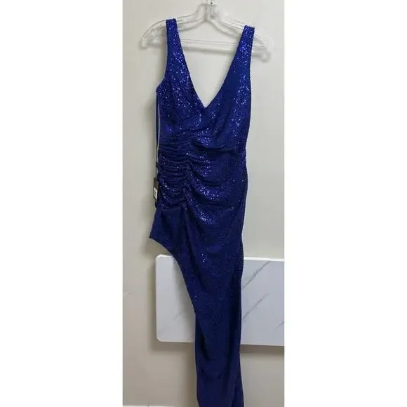 Ieena for Mac Duggal A11275 Blue Sequin Gown Size 8 NWT Asymmetrical Slit